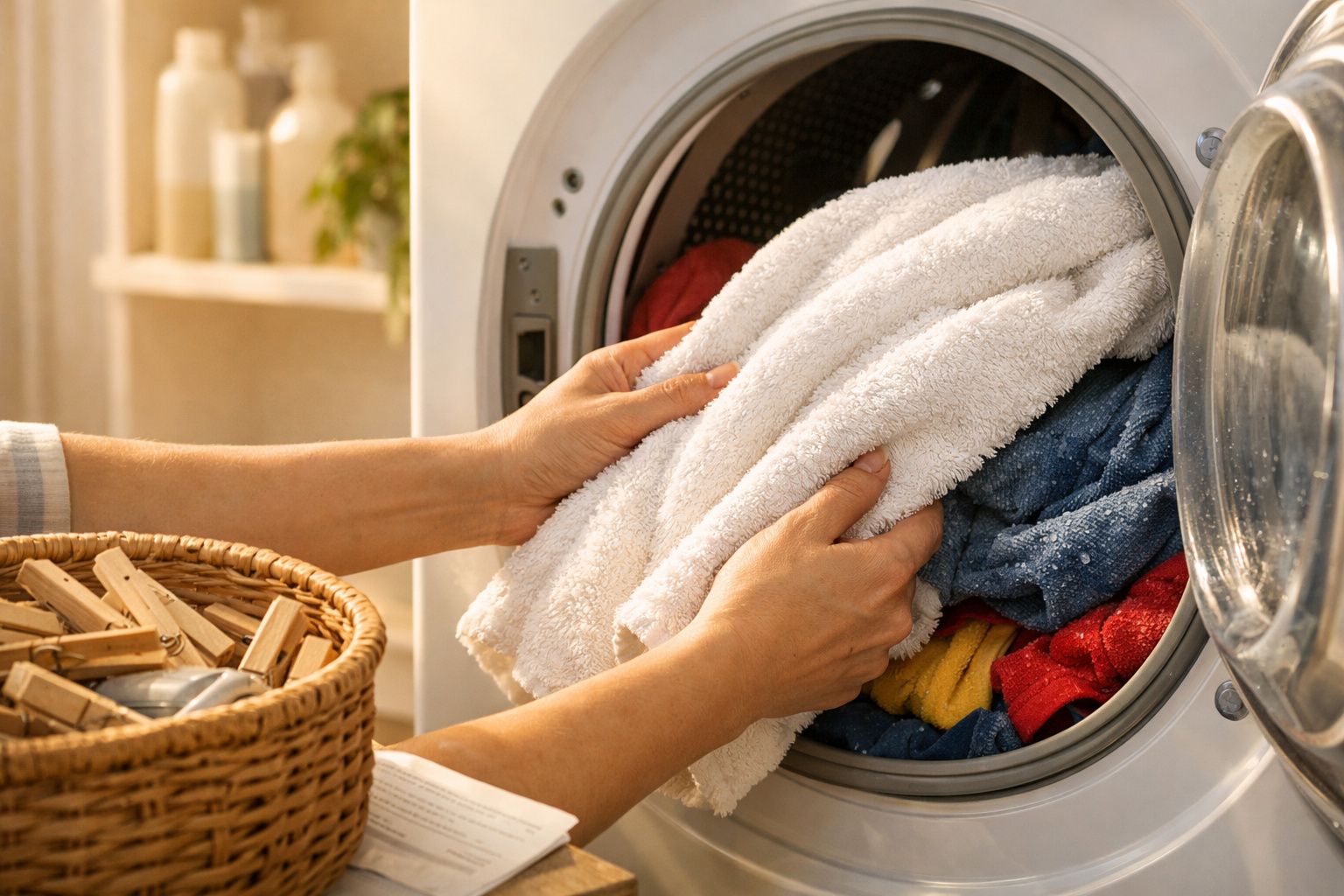 Pessoa a retirar toalhas de uma máquina de lavar roupa, com cesto de molas ao lado.