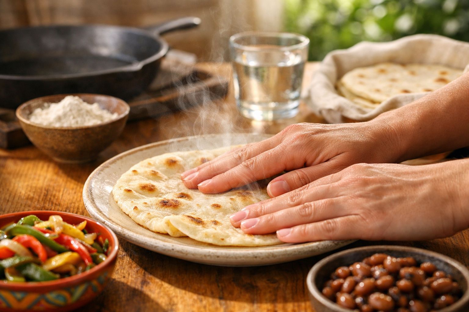 Mãos pressionando flatbread humeante em prato com tigelas de legumes, feijão e farinha ao fundo.