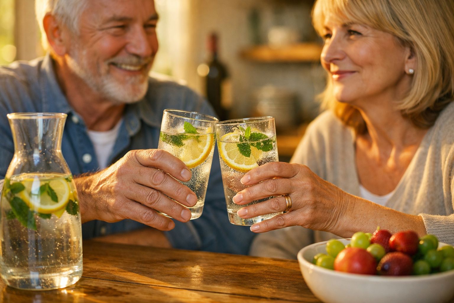 Cuplu de vârstnici ciocnind pahare cu limonadă, lângă un castron cu fructe, în lumina apusului.
