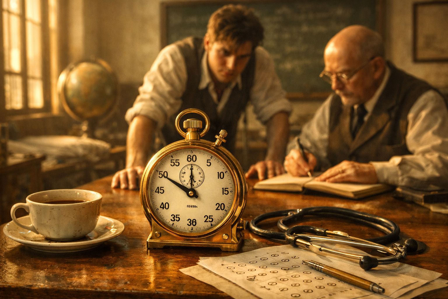 Relógio de ouro no centro da mesa; duas pessoas ao fundo; xícara, caderno e estetoscópio à volta.