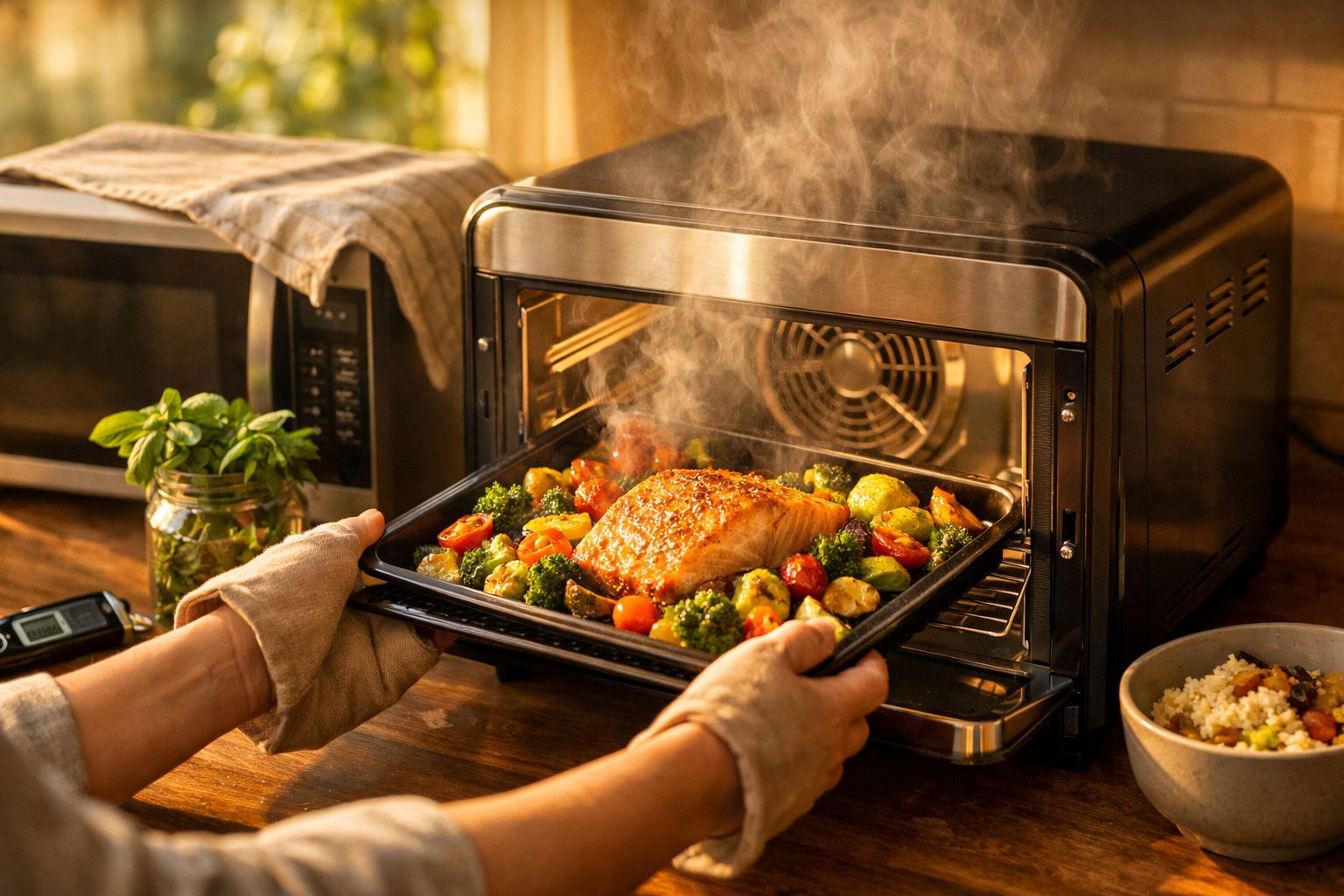 Pessoa retira uma bandeja de salmão e legumes assados de um forno elétrico numa cozinha iluminada.