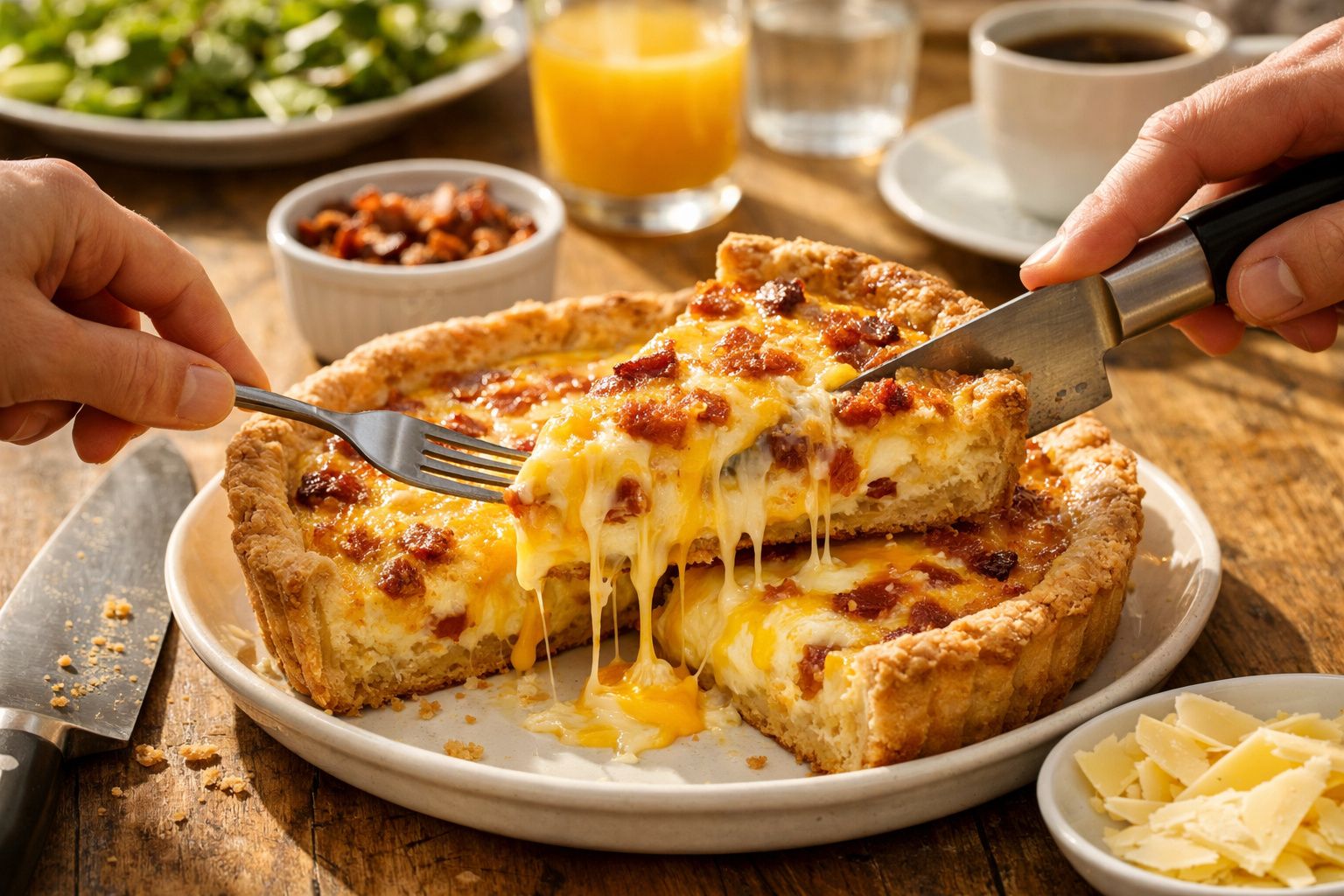 Quiche com queijo derretido e bacon, sendo cortada e servida em prato branco.
