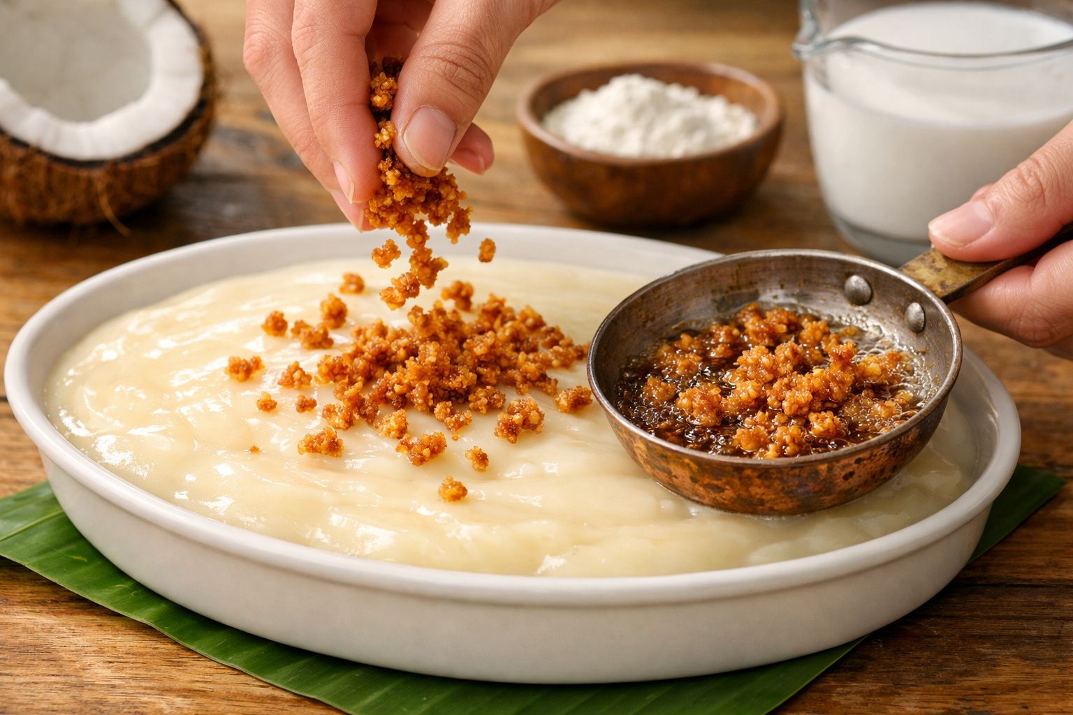 Mãos polvilham cobertura crocante num doce cremoso em prato oval, com coco e ingredientes ao fundo.