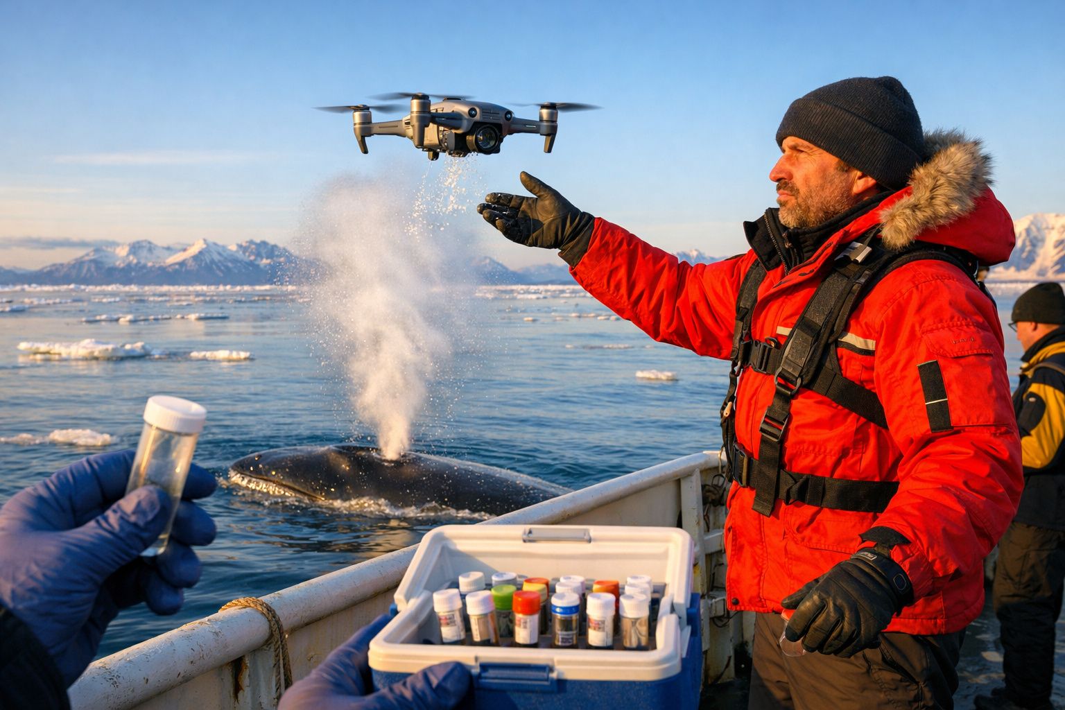 Homem em barco opera drone perto de baleia no mar Ártico, rodeado por montanhas e neve.