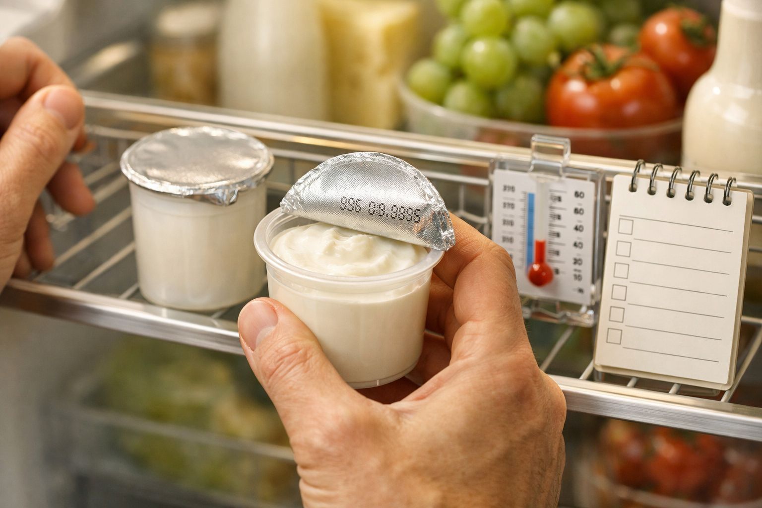 Mãos seguram embalagem de iogurte aberta, ao lado de termómetro e bloco de notas, dentro de frigorífico.