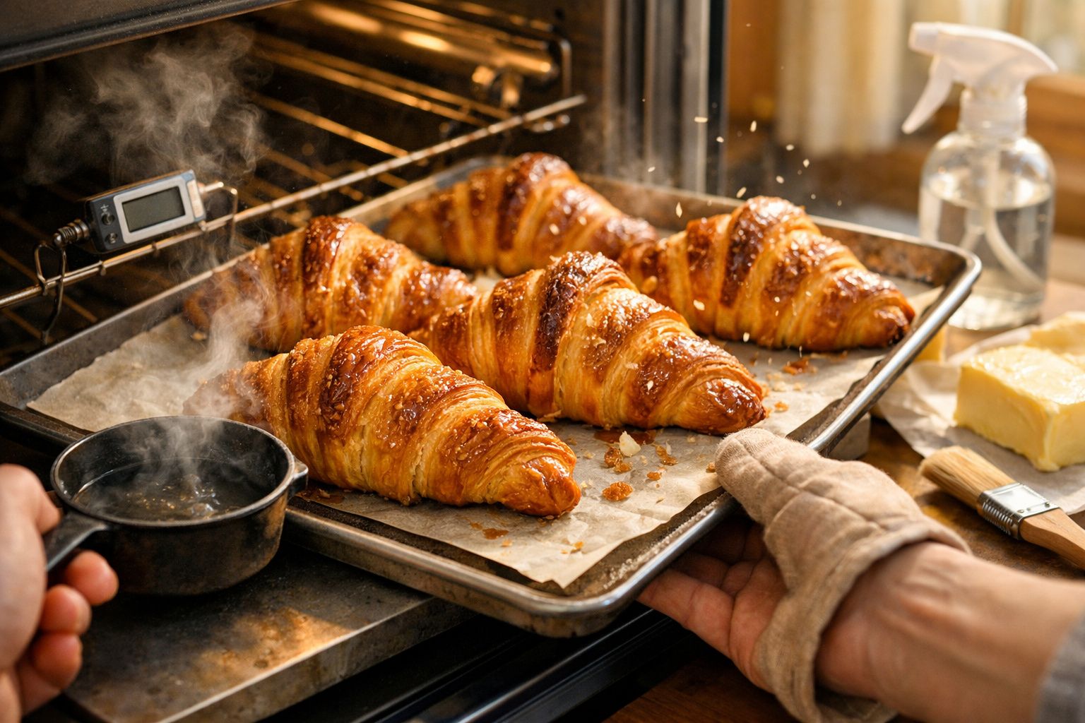 Croissants dourados a saírem do forno numa assadeira, com vapor a subir. Uma mão com luva segura a bandeja.