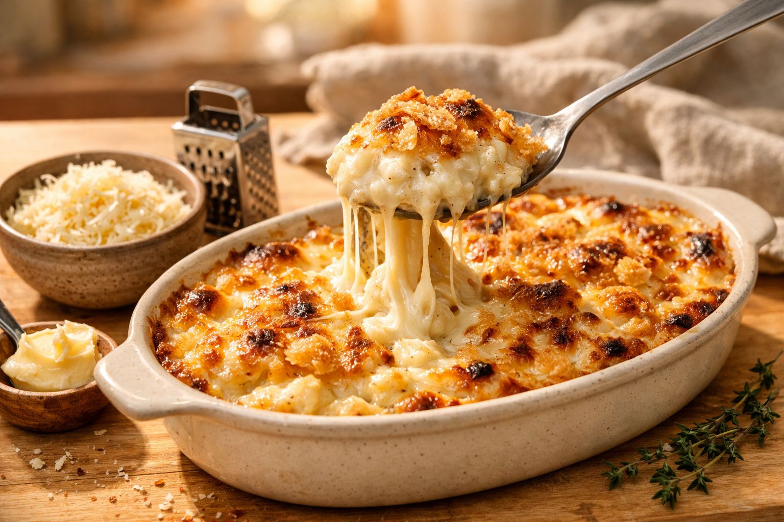 Gratinado de queijo a ser servido com colher, com crosta dourada, num prato oval, acompanhado de queijo ralado.