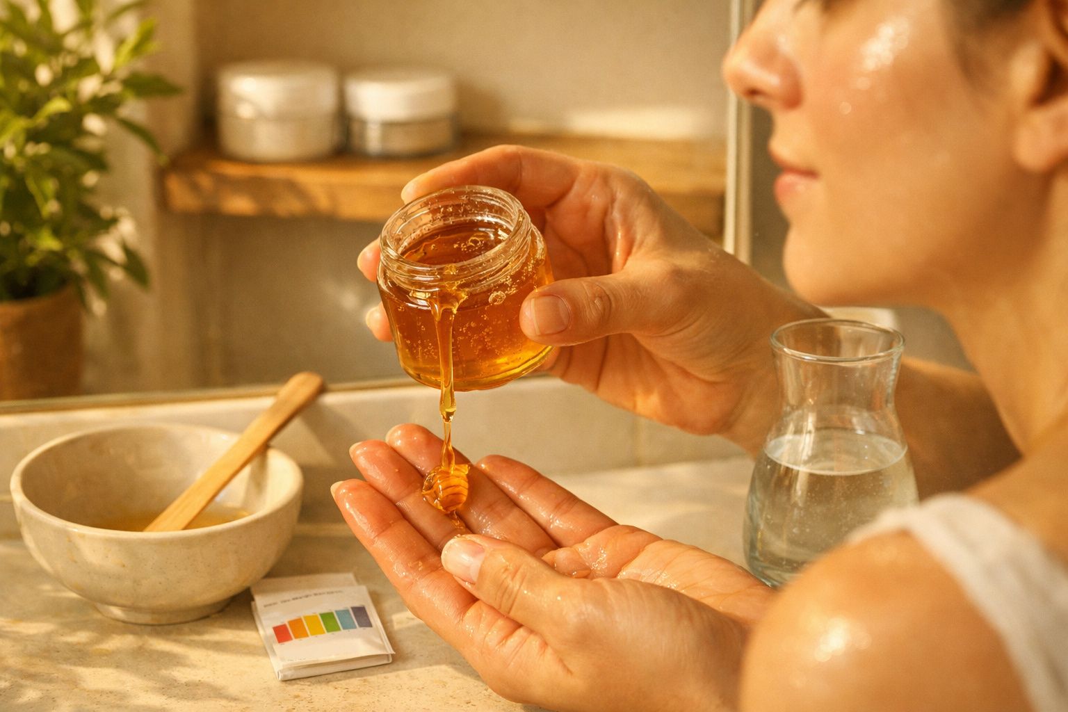 Pessoa aplica mel nas mãos, em ambiente de spa caseiro, com tigela, copo e planta ao fundo.