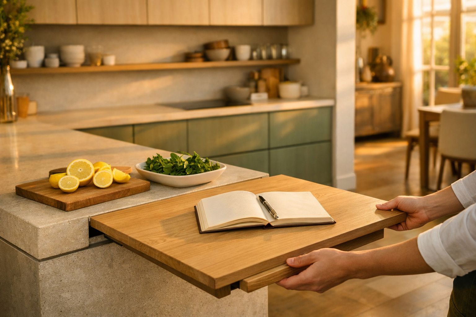 Mãos puxam tabuleiro com caderno numa cozinha moderna, limões cortados e salada sobre a bancada ao fundo.