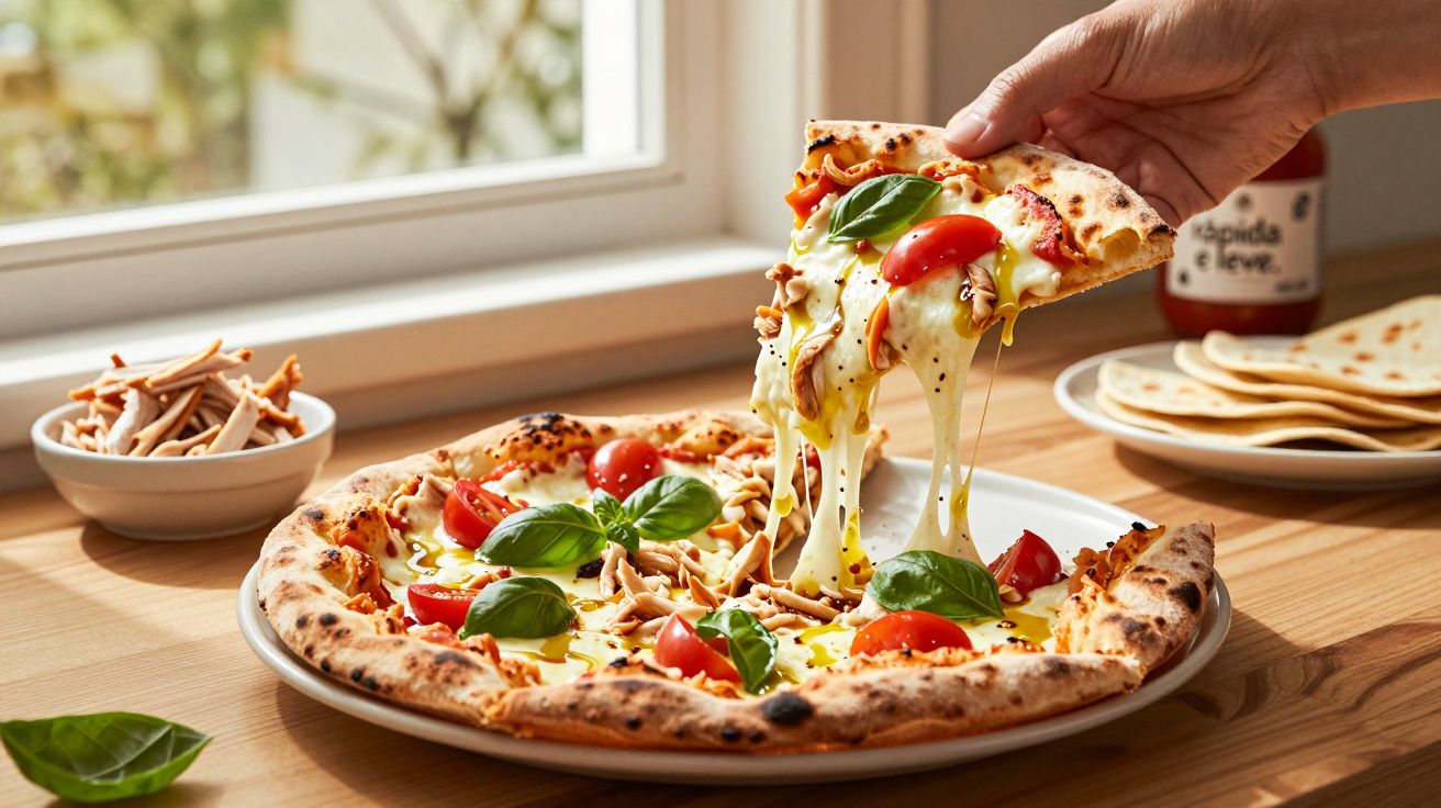 Pizza com queijo derretido, tomate e manjericão, sendo servida.