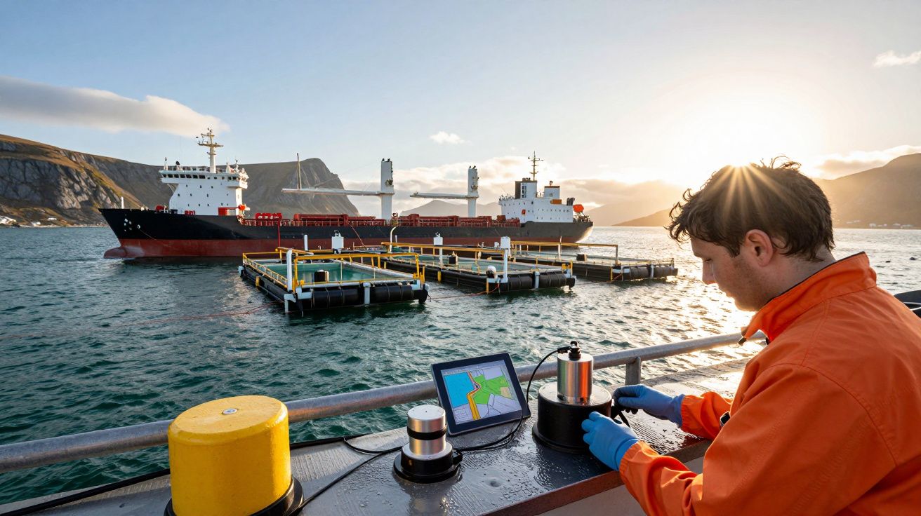 Homem trabalha em plataforma com navio e montanhas ao fundo, usando dispositivo de monitorização marítima ao pôr do sol.