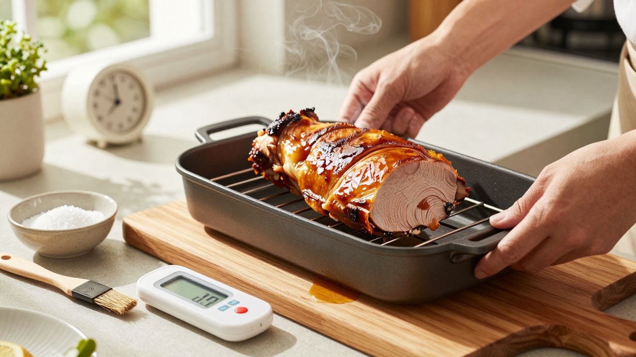 Pessoa a retirar carne assada do forno numa assadeira. Ao lado, um termómetro digital e uma tigela de sal.