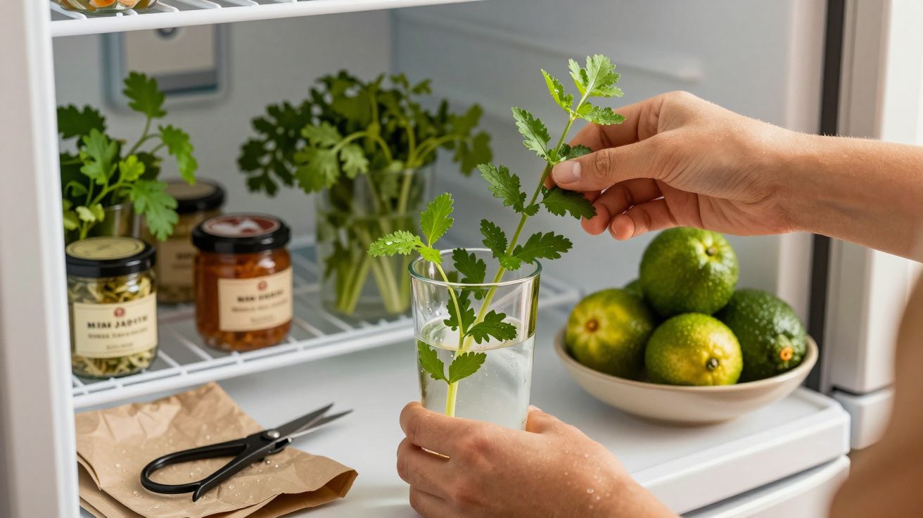 Mãos arranjam ervas num copo de água dentro de um frigorífico com frascos e limas.