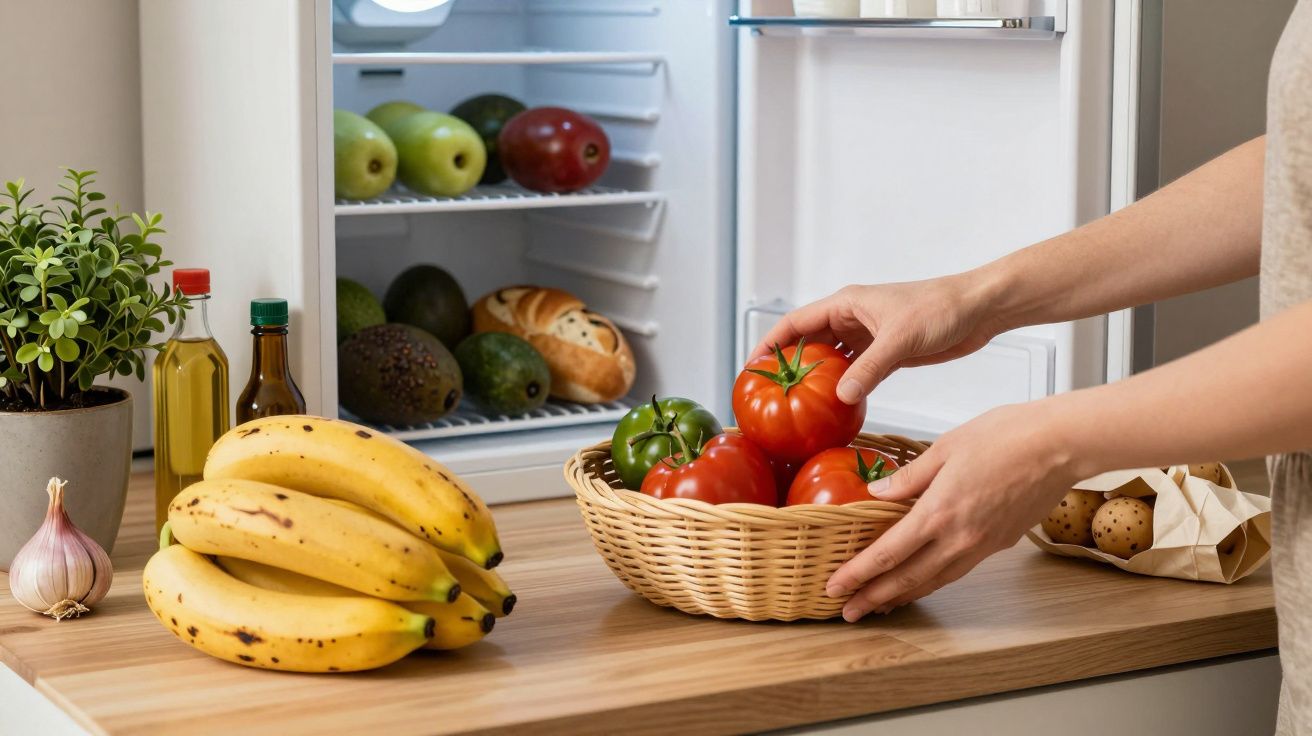 Mãos colocando tomates numa cesta em frente a um frigorífico aberto com frutas. Bananas e azeite ao lado.