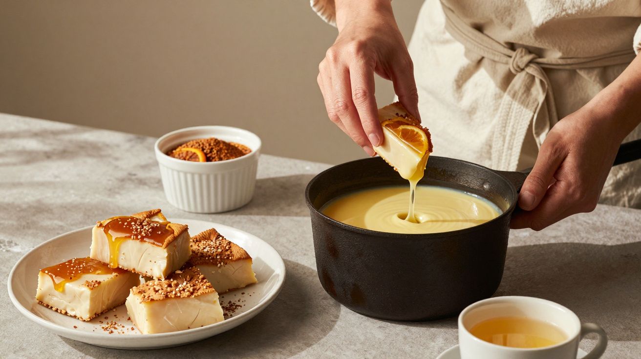 Pessoa mergulha torrada num tacho de creme. Ao lado, prato com doçura e chá numa mesa.