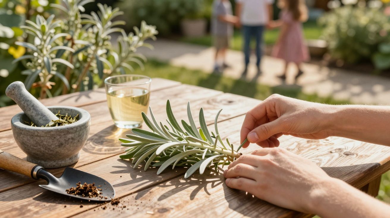 Mãos seguram ramos de lavanda sobre mesa de madeira com pilão, pá de jardim e copo de chá. Pessoas em fundo desfocado.
