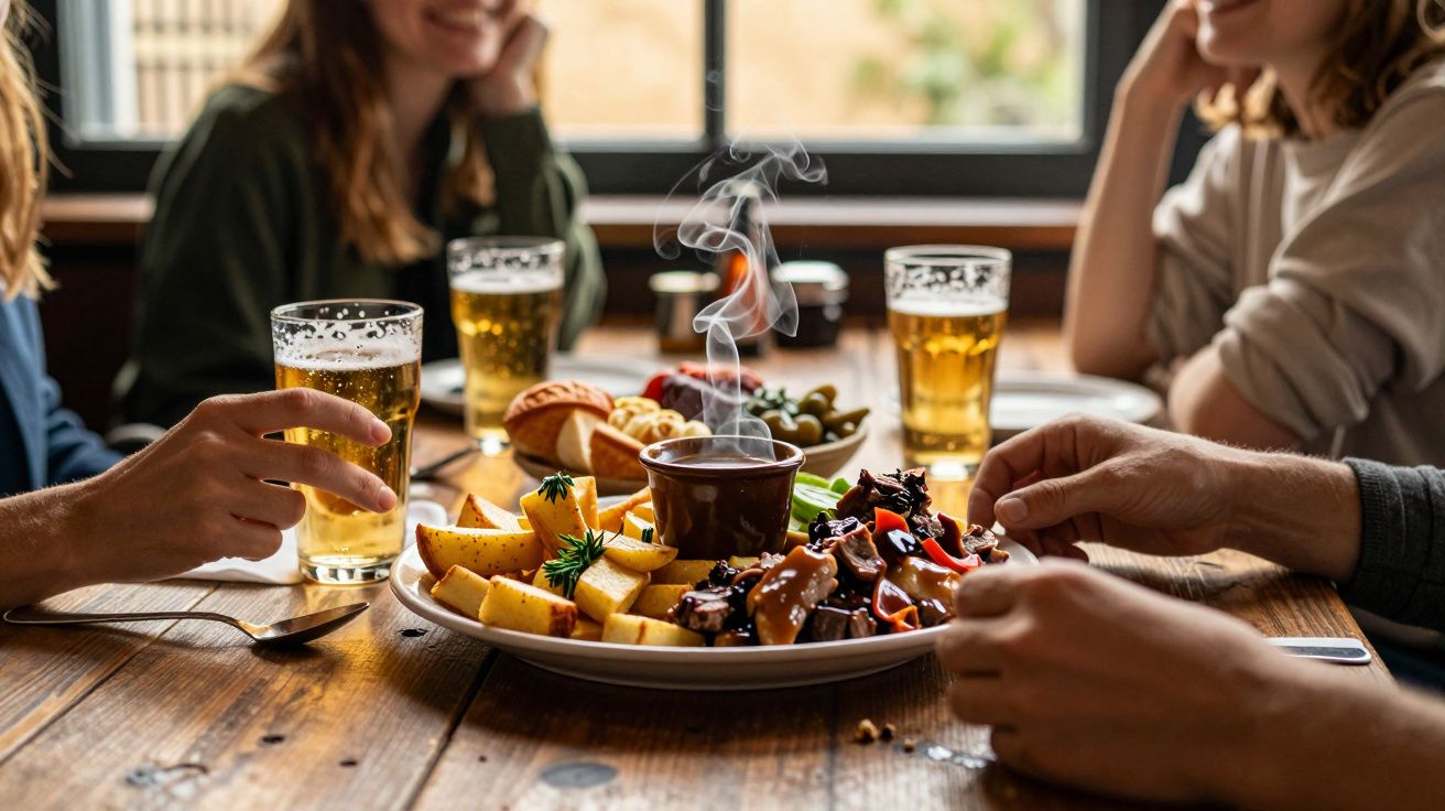 Duas pessoas disfrutam de uma refeição numa mesa de madeira, com pratos de petiscos e copos de cerveja ao fundo.