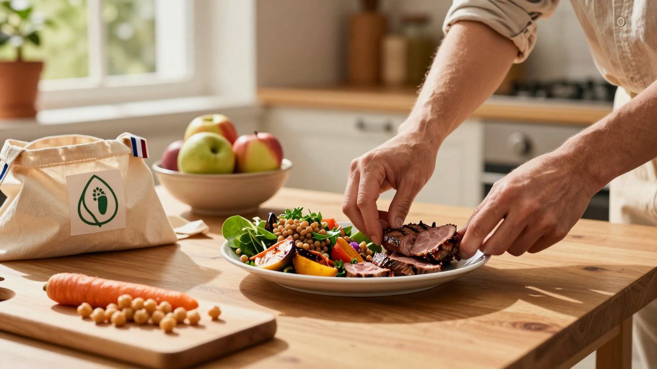 Pessoa a preparar uma refeição saudável, com vegetais, carne e grão-de-bico, numa cozinha com luz natural.