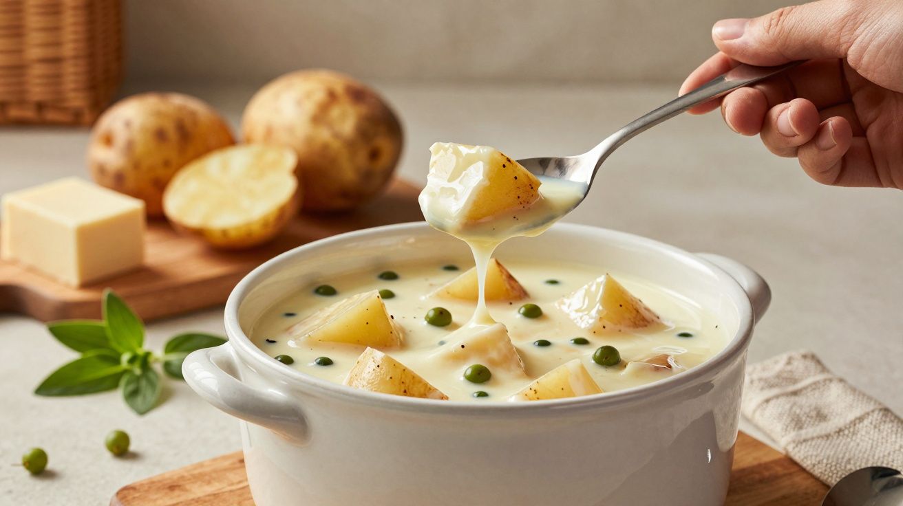 Sopa cremosa de batata com ervilhas numa taça branca, com batatas e queijo ao fundo. Uma colher retira uma porção.