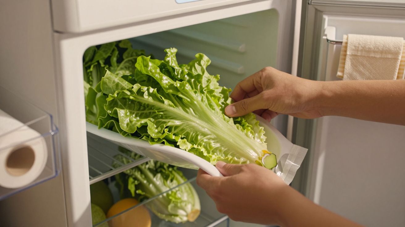 Mãos guardando alface fresca numa gaveta de frigorífico.