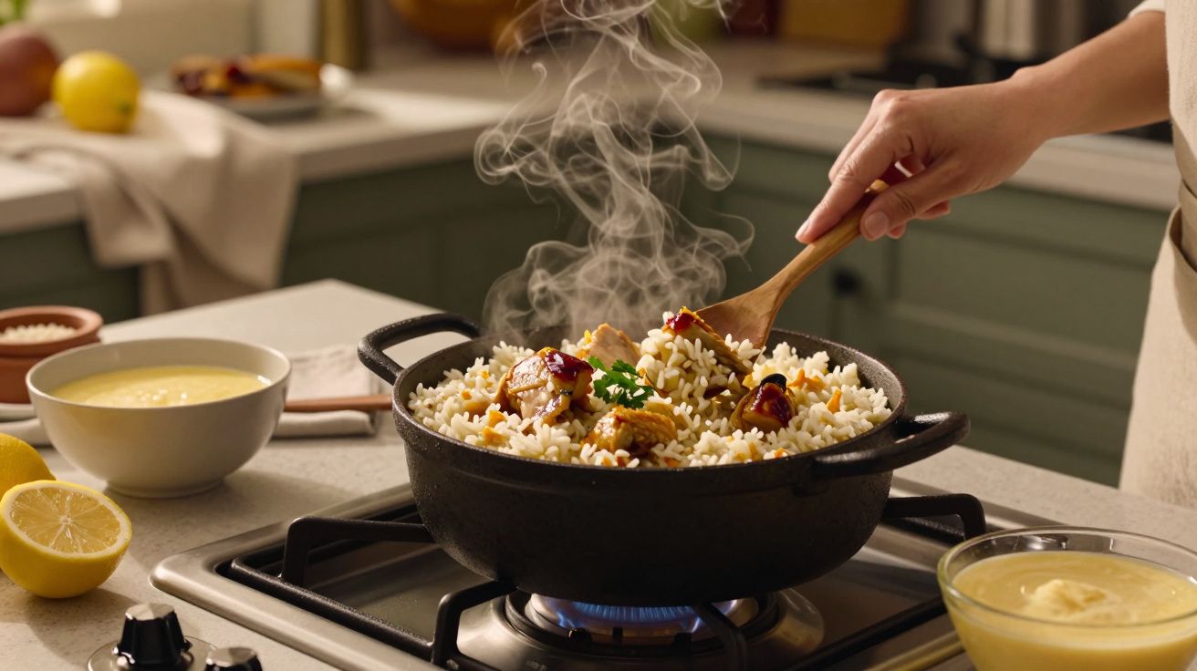 Pessoa a cozinhar arroz numa panela preta com legumes frescos numa cozinha. Vapor sobe do prato.