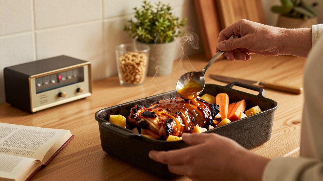 Pessoa serve molho num assado com legumes, noutras na cozinha, com rádio vintage e livro aberto sobre a mesa.