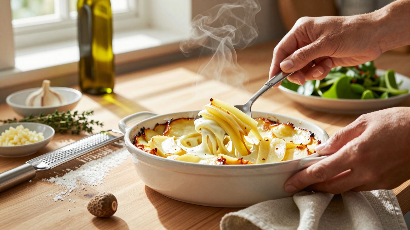 Pessoa servindo massa fumegante de um prato oval numa mesa de madeira, com salada e azeite ao fundo.