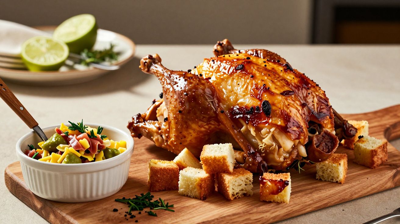 Frango assado suculento em tábua de madeira, rodeado de croutons, ao lado de salada colorida em tigela branca.