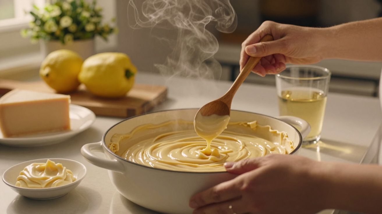 Mãos mexem creme quente numa panela branca, com limões e queijo ao fundo, num balcão de cozinha iluminado.