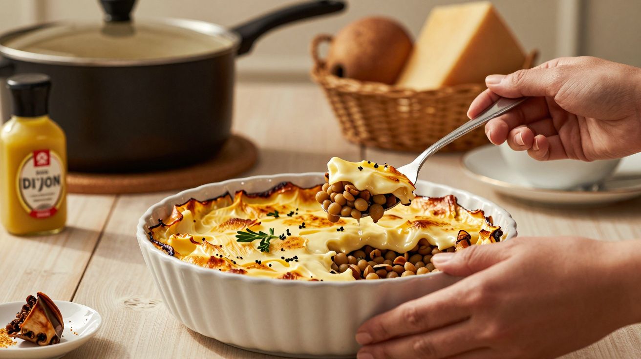 Pessoa a servir lasanha de lentilhas num prato branco com ingredientes ao fundo.