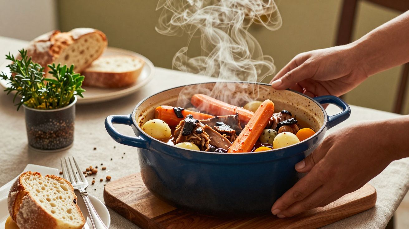 Mãos servindo guisado de vegetais e carne em caçarola azul com fatias de pão e ervas na mesa.