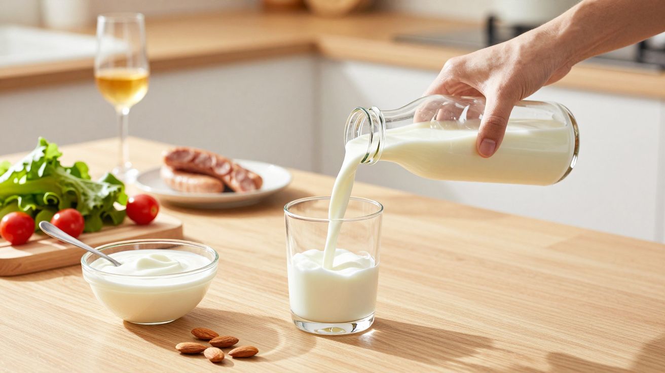 Pessoa a servir leite num copo em cima da mesa de madeira, com iogurte, amêndoas, salada e sumo ao fundo.