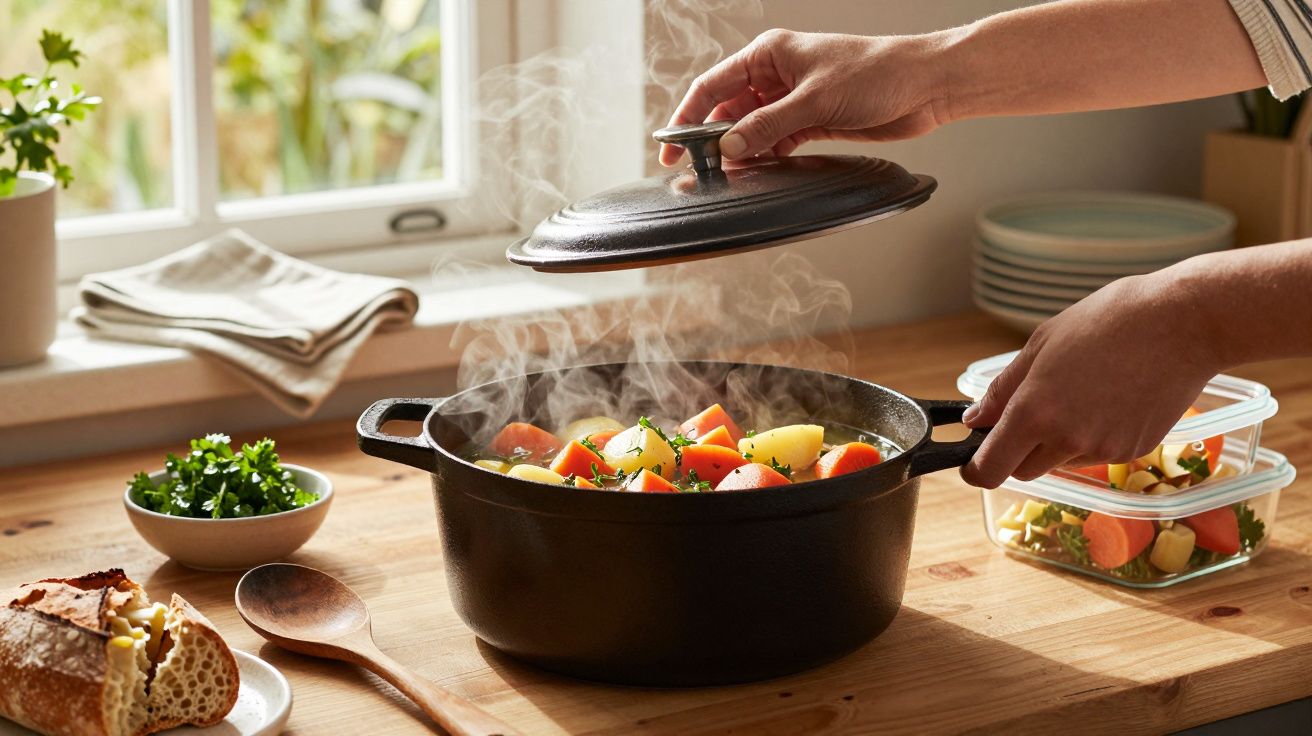 Mãos levantam tampa de panela preta com vegetais cozidos. Vapor escapa. Pão fresco e salsa ao lado.
