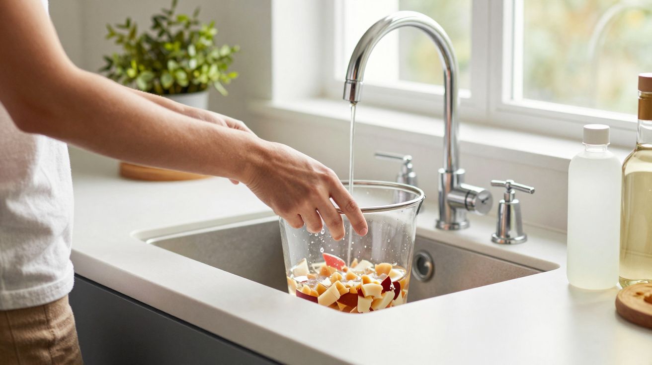 Pessoa a lavar pedaços de maçã numa tigela transparente em pia de cozinha com torneira aberta.
