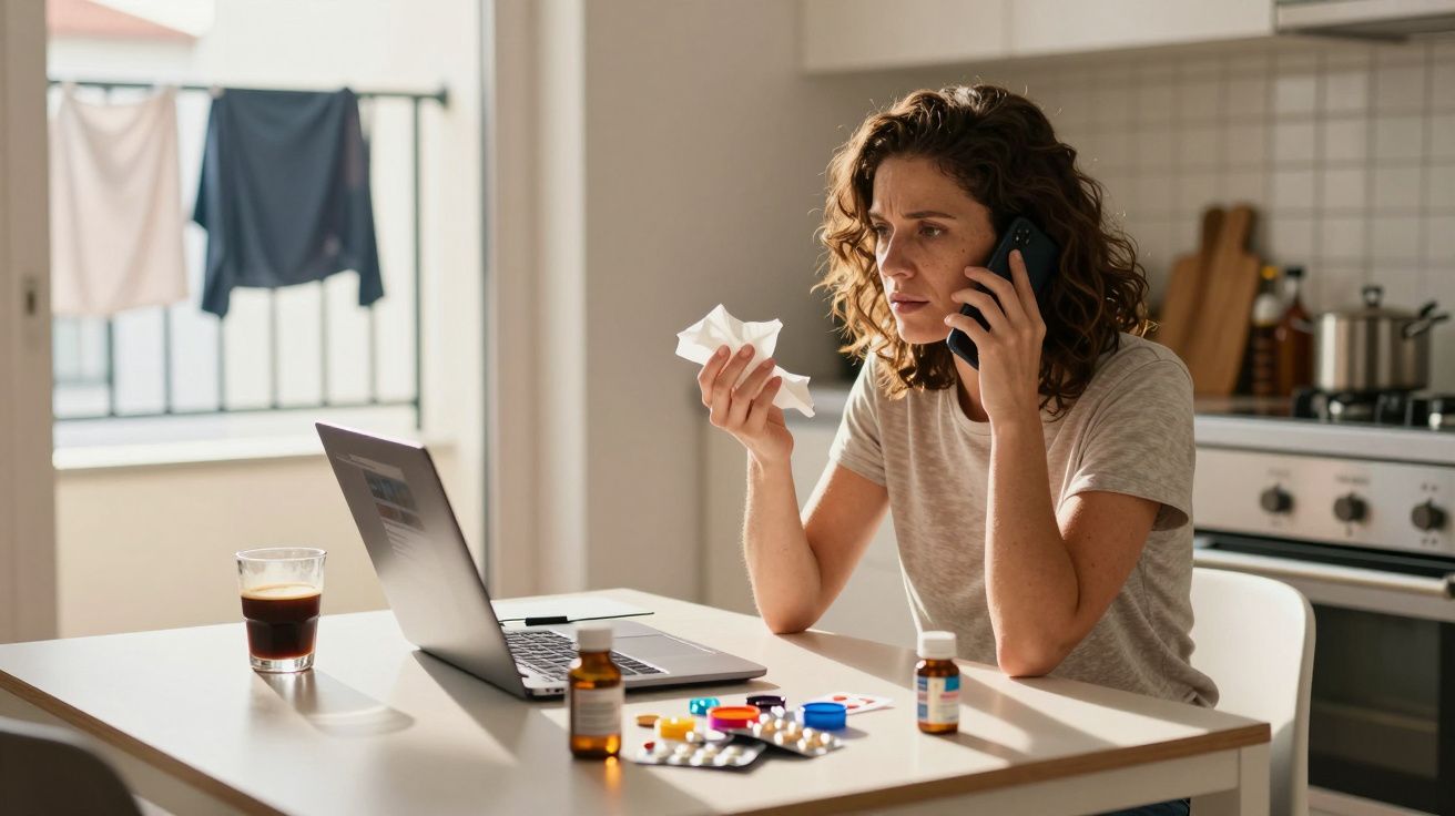 Mulher ao telefone na cozinha com laptop e medicamentos na mesa. Segura um lenço, parece preocupada.