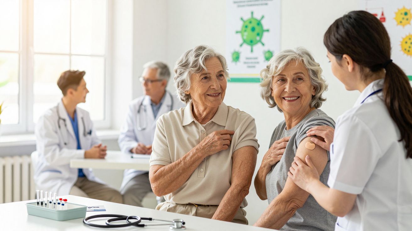 Duas mulheres idosas recebem atendimento médico numa clínica, sorrindo, com dois médicos ao fundo em consulta.