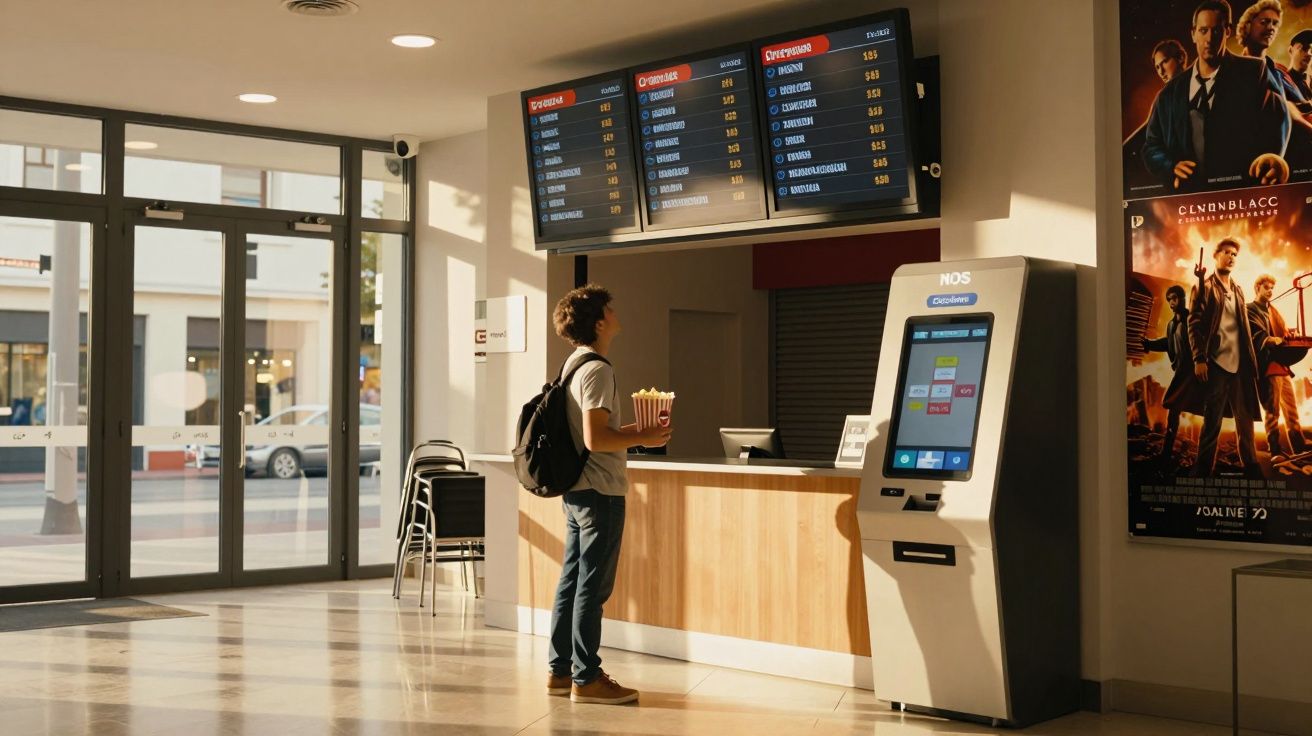 Homem com pipocas numa sala de cinema, junto a um quiosque de bilhetes e ecrãs com horários de filmes.