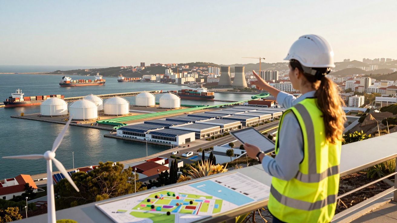 Mulher de colete e capacete aponta para área portuária com depósitos eólicos, segurando tablet e plano urbanístico.