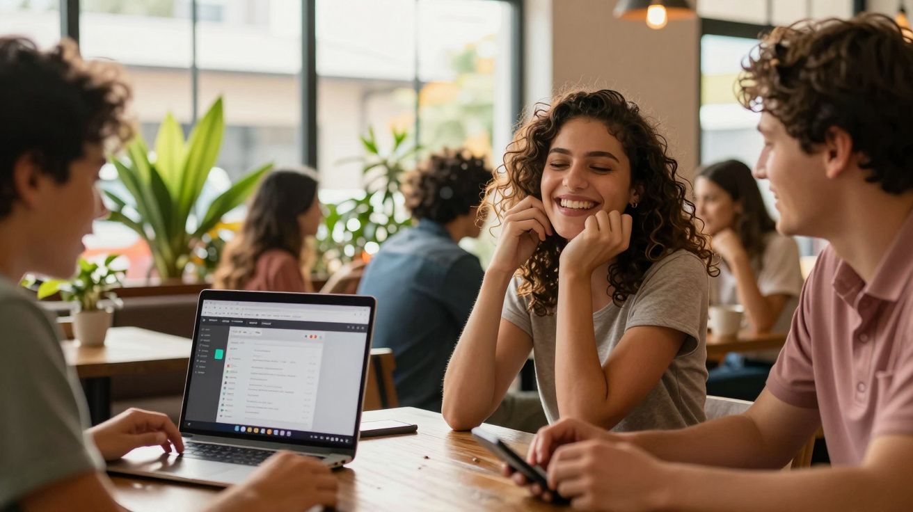 Grupo de jovens a conversar e a usar computador portátil numa cafetaria moderna e iluminada.