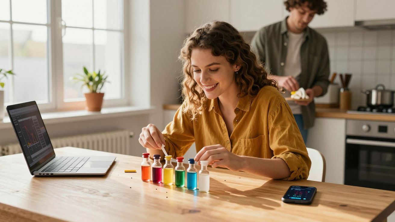 Mulher a mexer frascos com líquidos coloridos à mesa, com portátil e homem a preparar comida na cozinha.