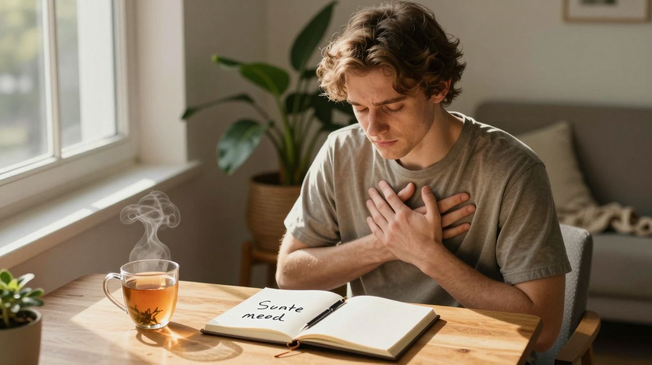 Homem jovem sentado, com expressão de dor no peito, junto a chá quente e caderno aberto numa mesa.