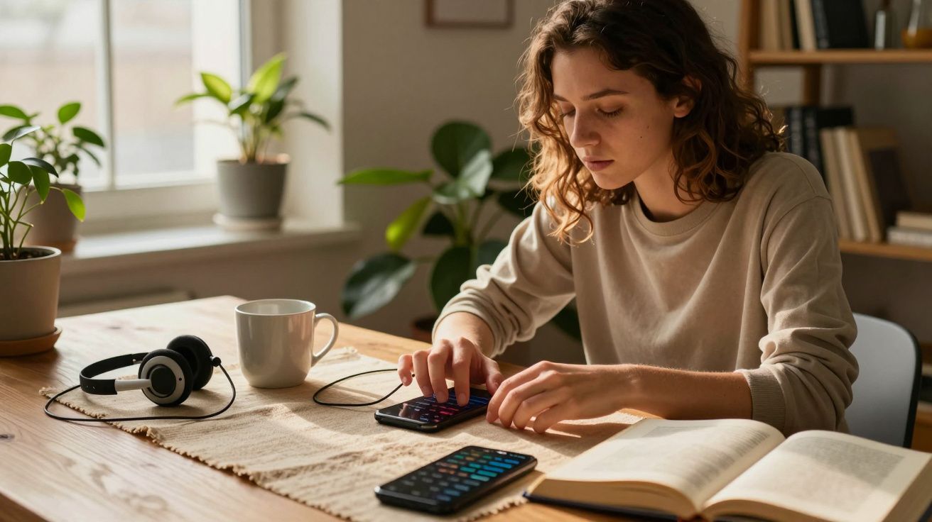 Jovem a calcular com calculadora numa mesa com livro aberto, fones, caneca e telemóvel perto.