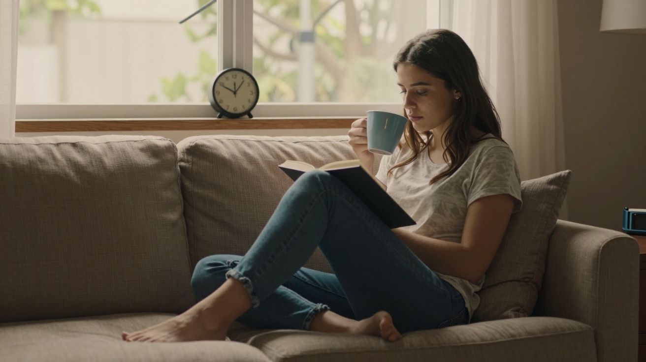 Mulher sentada no sofá a ler um livro e a beber de uma caneca azul junto da janela com relógio.