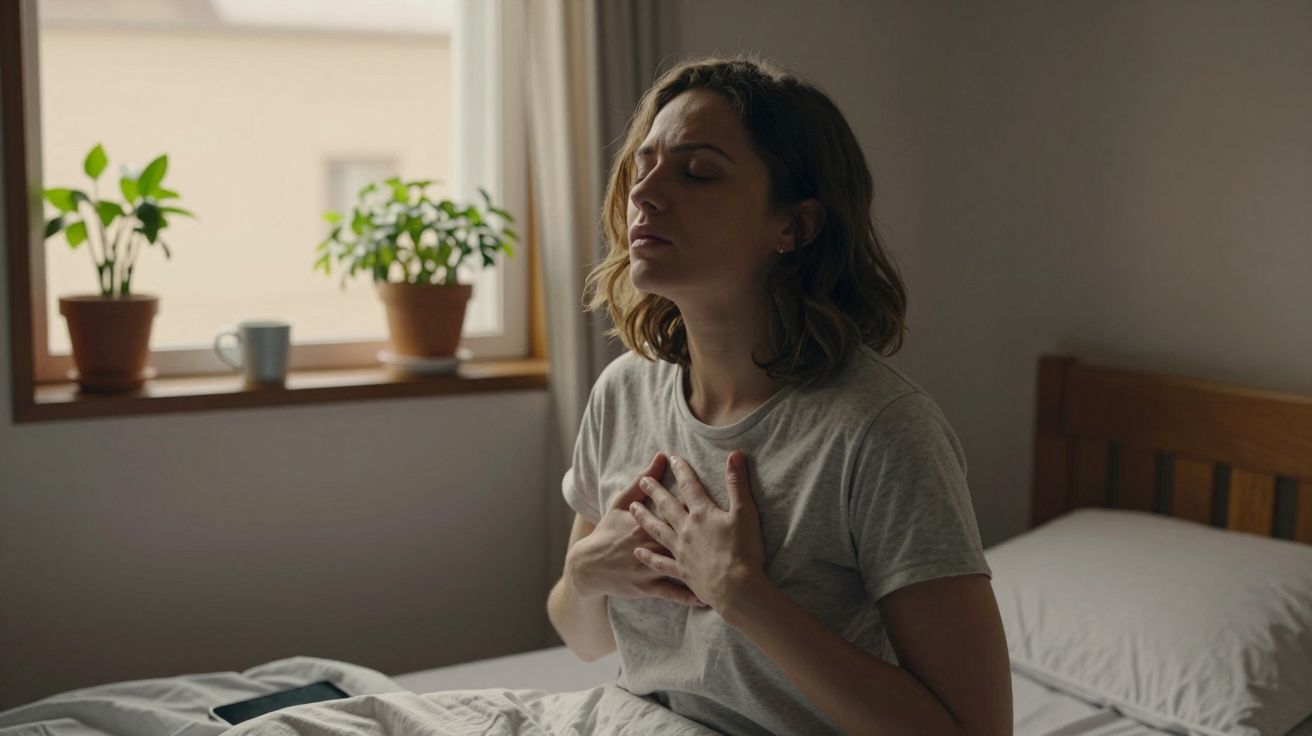 Mulher sentada na cama com expressão de desconforto, mãos sobre o peito, luz natural na janela.