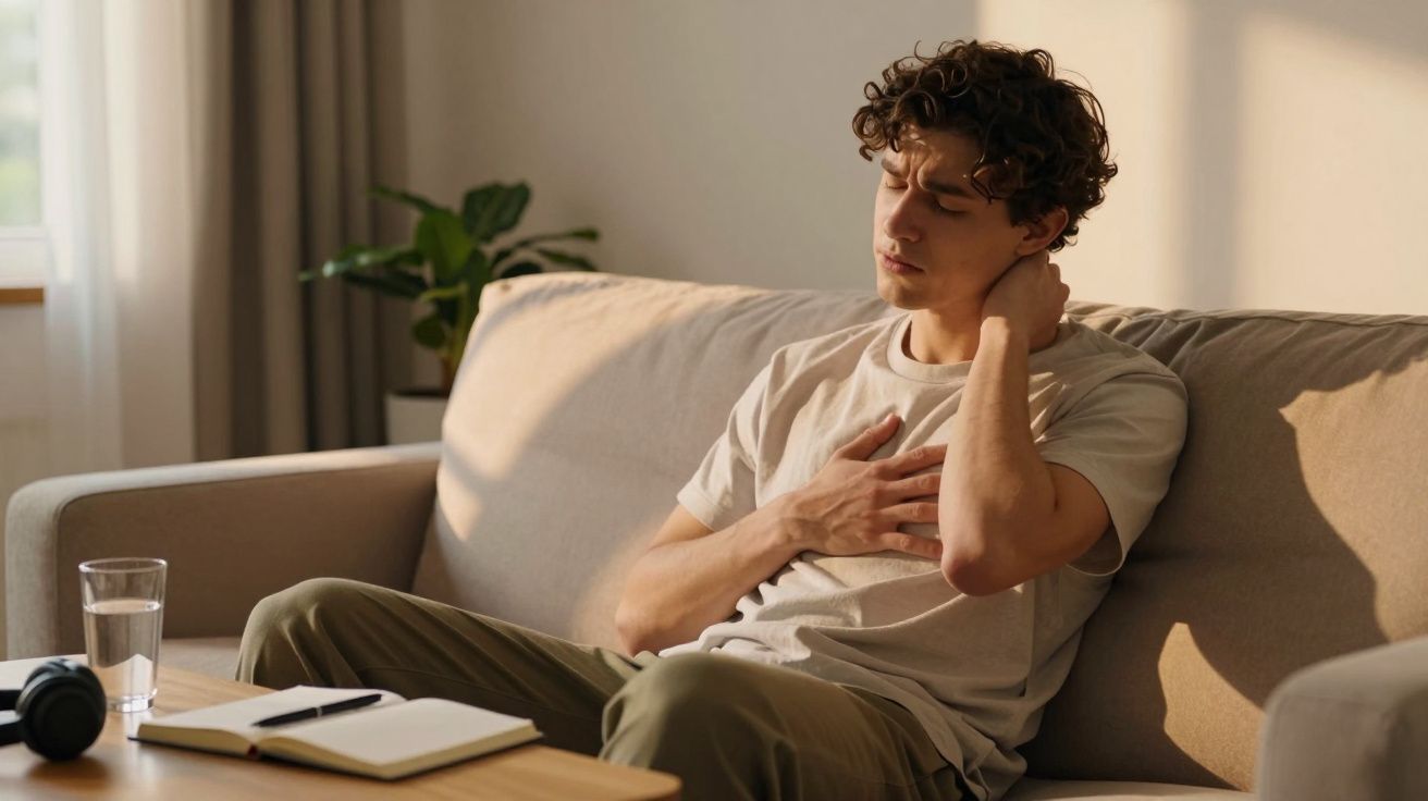 Jovem sentado no sofá com expressão de dor, segurando o peito e o pescoço.