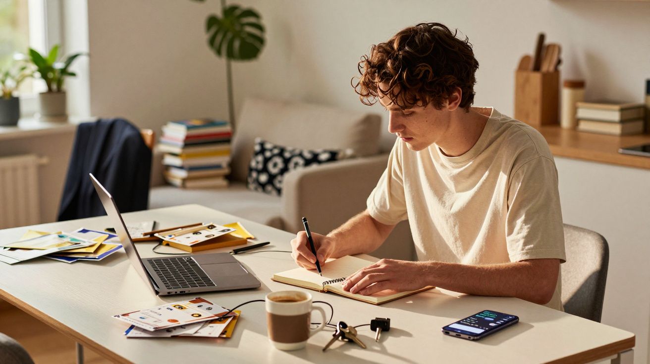 Jovem a escrever num caderno sentado numa mesa com computador portátil, telemóvel e chávena de café.