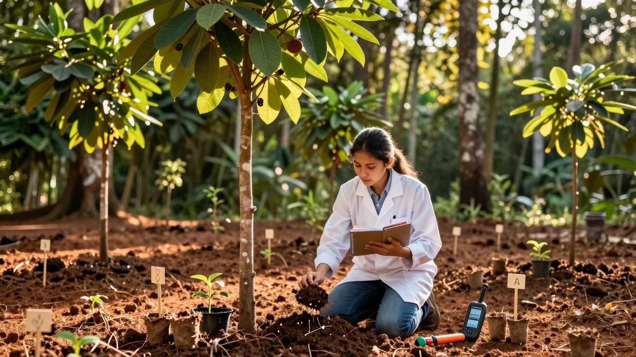 Mulher cientista em bata branca analisa solo e plantas numa área de estudo florestal ao ar livre.