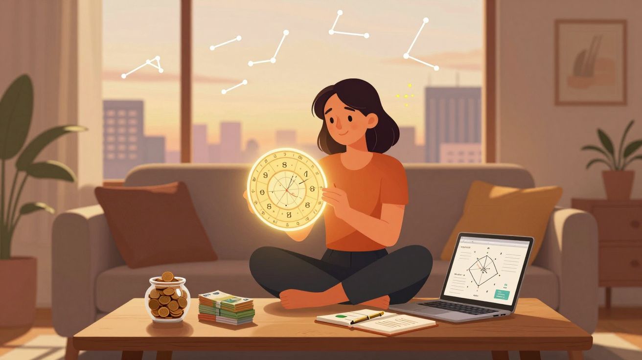 Mulher sentada no chão de casa segurando um relógio astrológico luminoso com laptop e dinheiro na mesa.