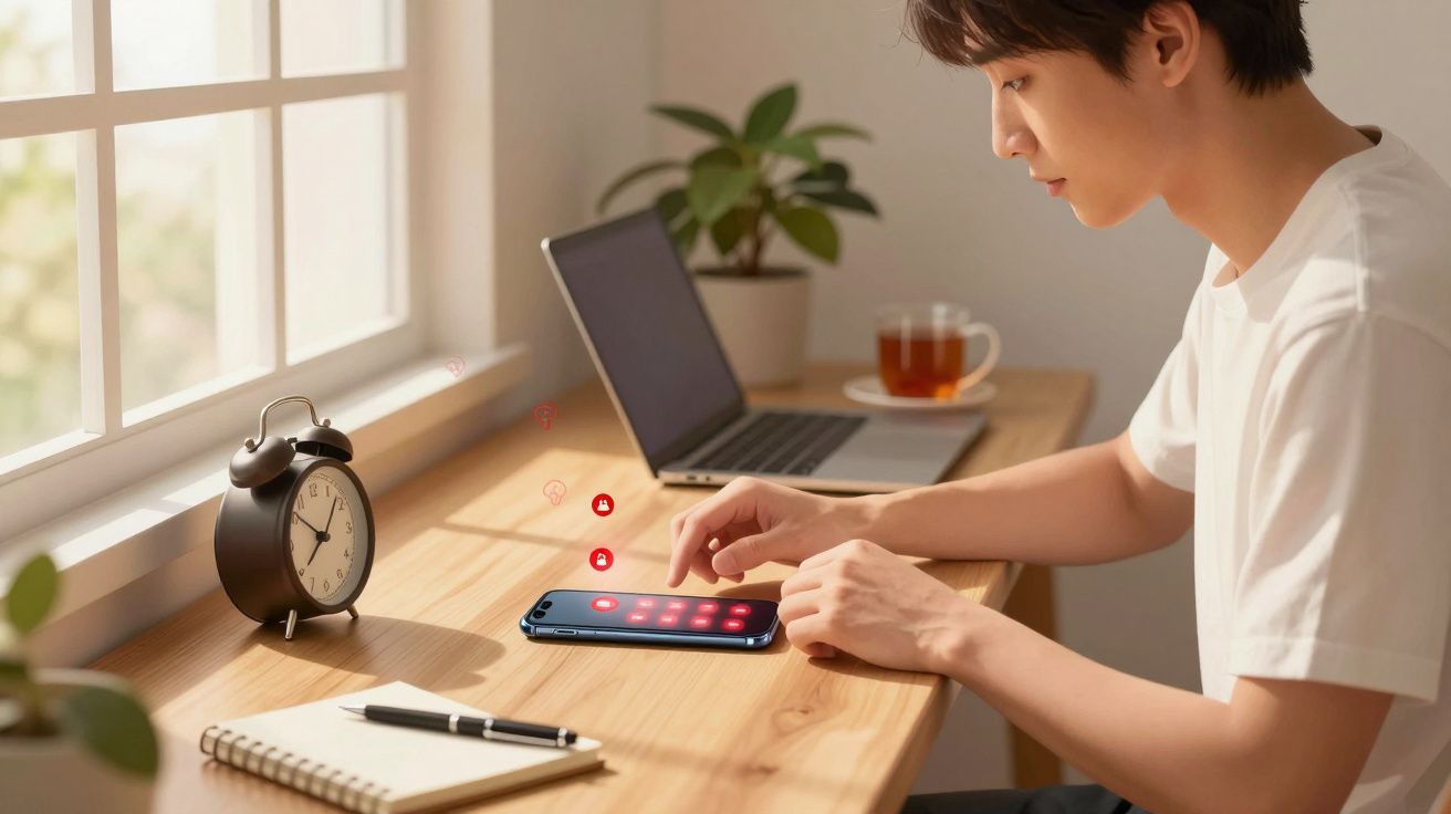 Pessoa numa secretária a desbloquear telemóvel com padrão, laptop aberto, relógio e caneca ao fundo.