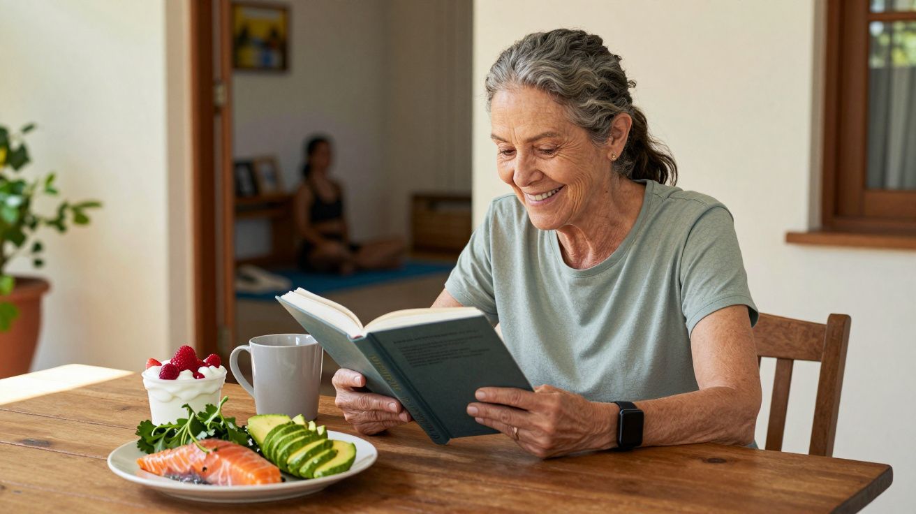 Mulher sorridente a ler um livro à mesa com prato de salmão, abacate e iogurte às framboesas.